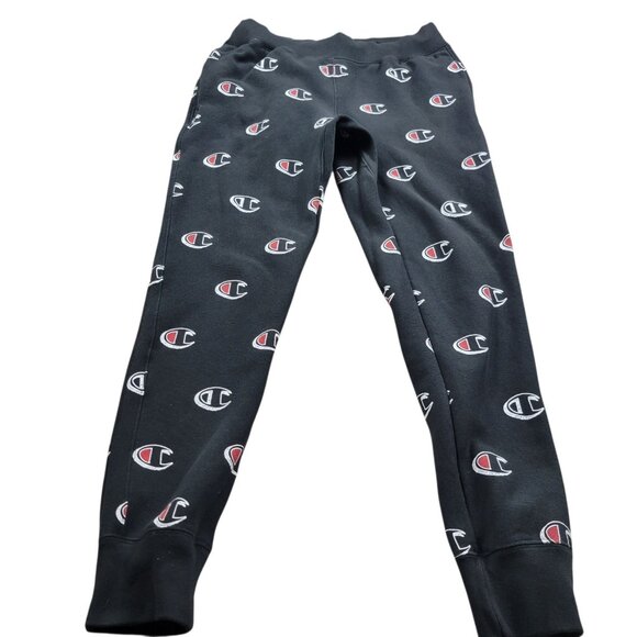 Champion Sweatpants Mens Medium Black Reverse Weave All Over Monogram Joggers - Picture 1 of 7